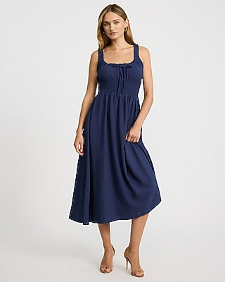 Express Women's Scoop Neck Ruffle Strap Bow Front Smocked Midi Milkmaid Dress in Blue Small