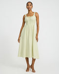 Express Women's Scoop Neck Ruffle Strap Bow Front Smocked Midi Milkmaid Dress in Neutral Small