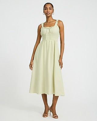 Express Women's Scoop Neck Ruffle Strap Bow Front Smocked Midi Milkmaid Dress in Neutral Small