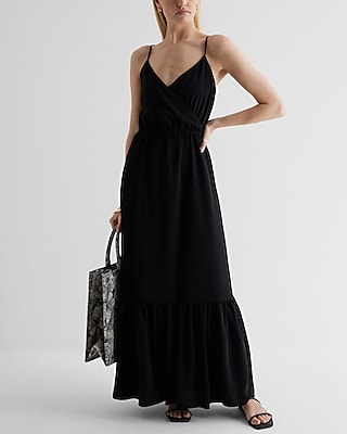 Express Women's Satin Wrap Front Tiered Maxi Dress in Pitch Black