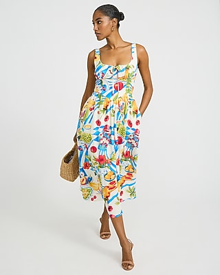 Express Women's Printed Smocked Back Dipped Waist Midi Dress With Pockets in White Print