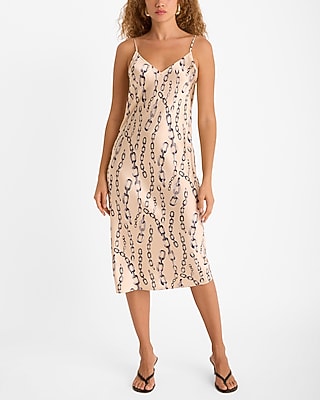 Express Women's Satin Printed V-Neck Midi Downtown Cami Slip Dress in White Print