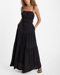 Express Women's Square Neck Sleeveless Tie Shoulder Ruched Tiered Maxi Dress in Pitch Black