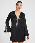 Express Women's Satin V-Neck Bell Sleeve Contrast Bow Mini Dress Small