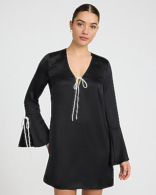 Express Women's Satin V-Neck Bell Sleeve Contrast Bow Mini Dress Small