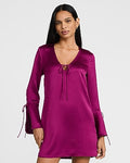 Express Women's Satin V-Neck Bell Sleeve Bow Mini Dress in Purple Small