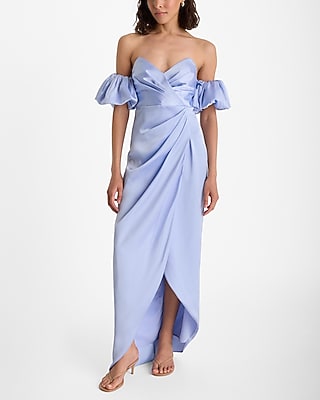 Express Women's Satin Strapless Removable Puff Sleeves Side Slit Midi Dress in Blue 0