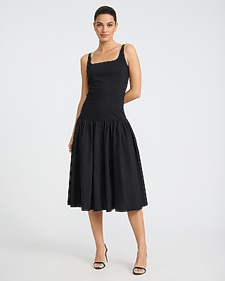 Express Women's Poplin Scoop Neck Sleeveless Drop Waist Midi Dress in Black Small