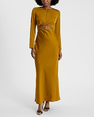 Express Women's Satin Long Sleeve Cutout Twist Maxi Dress in Chartreuse