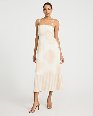 Express Women's Printed Square Neck Smocked Back Midi Dress in Neutral Print