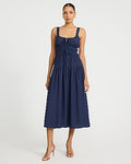 Express Women's Scoop Neck Tie Front Keyhole Tiered Midi Dress in Blue Small
