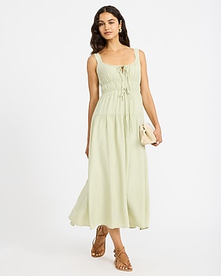 Express Women's Scoop Neck Tie Front Keyhole Tiered Midi Dress in Neutral Small