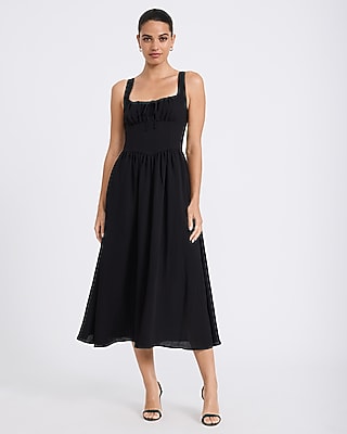 Express Women's Tie Neck Dipped Waist Smocked Back Midi Dress With Pockets in Black Small
