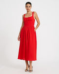 Express Women's Tie Neck Dipped Waist Smocked Back Midi Dress With Pockets in Red Small