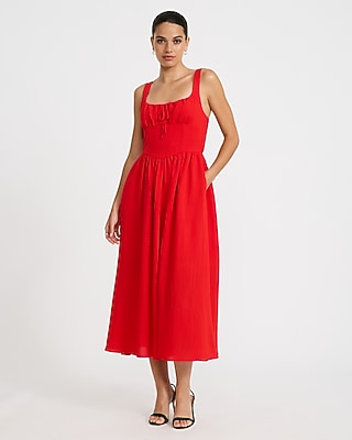 Express Women's Tie Neck Dipped Waist Smocked Back Midi Dress With Pockets in Red Small