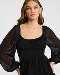 Express Women's Dobby Print Long Sleeve Tiered Midi Dress in Pitch Black