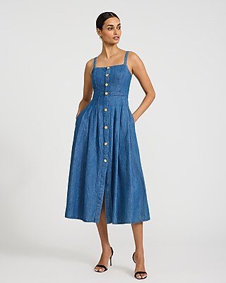 Express Women's Denim Gold Button Front Midi Fit And Flare Dress With Pockets in Medium Wash