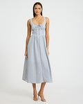 Express Women's Striped Smocked Back Dipped Waist Midi Dress With Pockets in Blue Small