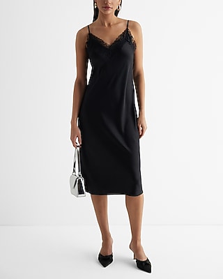 Express Women's Lace Trim Satin Midi Dress in Pitch Black