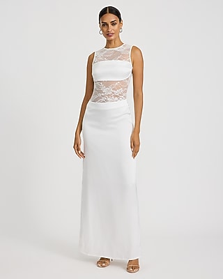 Express Women's Mixed Media Sheer Crew Neck Maxi Dress in White Small