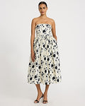 Express Women's Floral Strapless Smocked Back Midi Dress in Black White