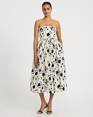 Express Women's Floral Strapless Smocked Back Midi Dress Small