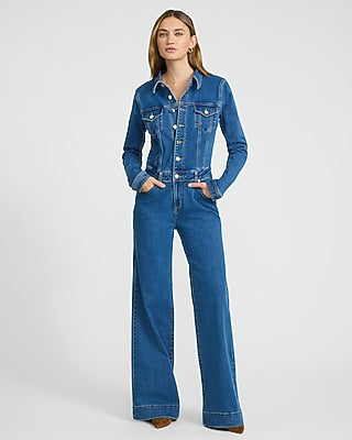Express Women's Stretch Denim Long Sleeve Button Front Wide Leg Palazzo Jumpsuit With Pockets in Medium Wash