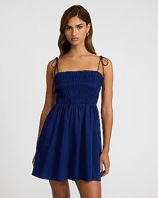 Express Women's Square Neck Tie Strap Smocked Mini Fit And Flare Dress in Ink