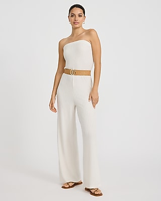 Express Women's Crinkle Strapless Belted Wide Leg Palazzo Jumpsuit in White Small