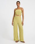 Express Women's Crinkle Strapless Belted Wide Leg Palazzo Jumpsuit in Green Small