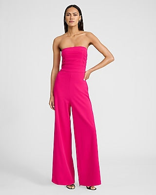 Express Women's Strapless Ruched Wide Leg Palazzo Jumpsuit in Hot Pink
