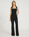 Express Women's Signature Crepe Square Neck Sleeveless Ruched Flare Trouser Jumpsuit With Pockets in Pitch Black