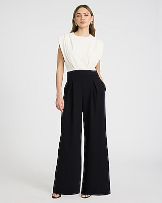 Express Women's Ruched Cap Sleeve Color Block Wide Leg Palazzo Jumpsuit With Pockets in Pitch Black