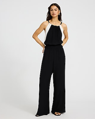 Express Women's Color Block Halter Sleeveless Wide Leg Palazzo Jumpsuit With Pockets in Black Small