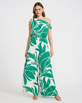 Express Women's Off The Shoulder Draped Wide Leg Palazzo Jumpsuit With Pockets in Green Print