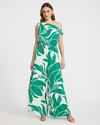 Express Women's Off The Shoulder Draped Wide Leg Palazzo Jumpsuit With Pockets in Green Print