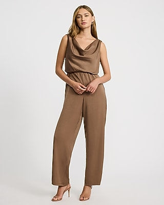 Express Women's Metallic Cowl Neck Sleeveless Wide Leg Palazzo Jumpsuit in Brown Small