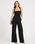 Express Women's Crepe Tie Halter Square Neck Wide Leg Palazzo Jumpsuit With Pockets in Pitch Black