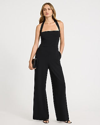 Express Women's Crepe Tie Halter Square Neck Wide Leg Palazzo Jumpsuit With Pockets in Pitch Black