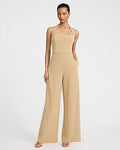Express Women's Crepe Tie Halter Square Neck Wide Leg Palazzo Jumpsuit With Pockets in Brown Small