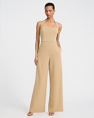 Express Women's Crepe Tie Halter Square Neck Wide Leg Palazzo Jumpsuit With Pockets in Brown Small