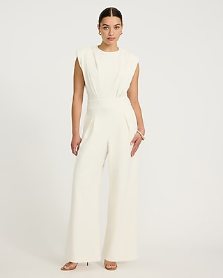 Express Women's Crepe Crew Neck Cap Sleeve Wide Leg Palazzo Jumpsuit With Pockets in White Small