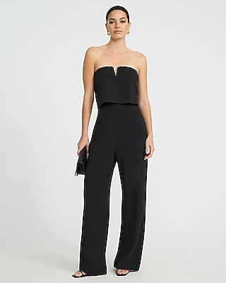 Express Women's Strapless V-Bar Overlay Wide Leg Palazzo Jumpsuit in Black Small