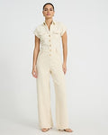 Express Women's Stretch Denim Short Sleeve Wide Leg Palazzo Jumpsuit in Cream