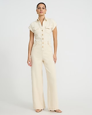 Express Women's Stretch Denim Short Sleeve Wide Leg Palazzo Jumpsuit in Cream