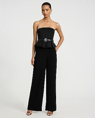 Express Women's Strapless Peplum Belted Wide Leg Palazzo Jumpsuit With Pockets in Pitch Black