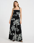 Express Women's Printed Square Neck Smocked Back Wide Leg Palazzo Jumpsuit in B&w Print