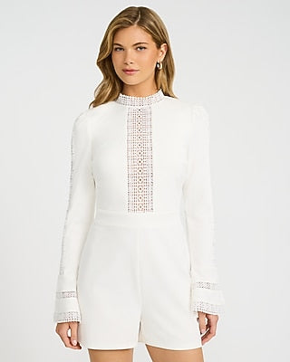 Women's Express X Bebe Lace Pieced Mock Neck Long Sleeve Romper in White