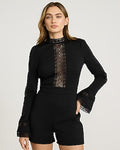 Women's Express X Bebe Lace Pieced Mock Neck Long Sleeve Romper in Black Small