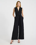 Express Women's Crepe V-Neck Tie Waist Wide Leg Palazzo Jumpsuit With Pockets in Black Small